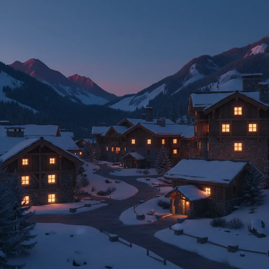 A stone and timber resort village at dusk, windows glowing amber against a deep blue sky