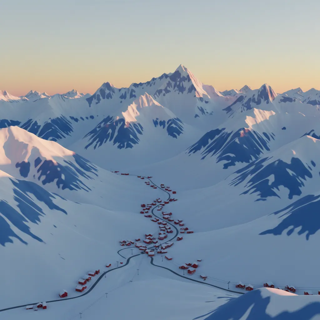 A wide aerial view of a snow-covered mountain range with resort infrastructure visible in the valley below