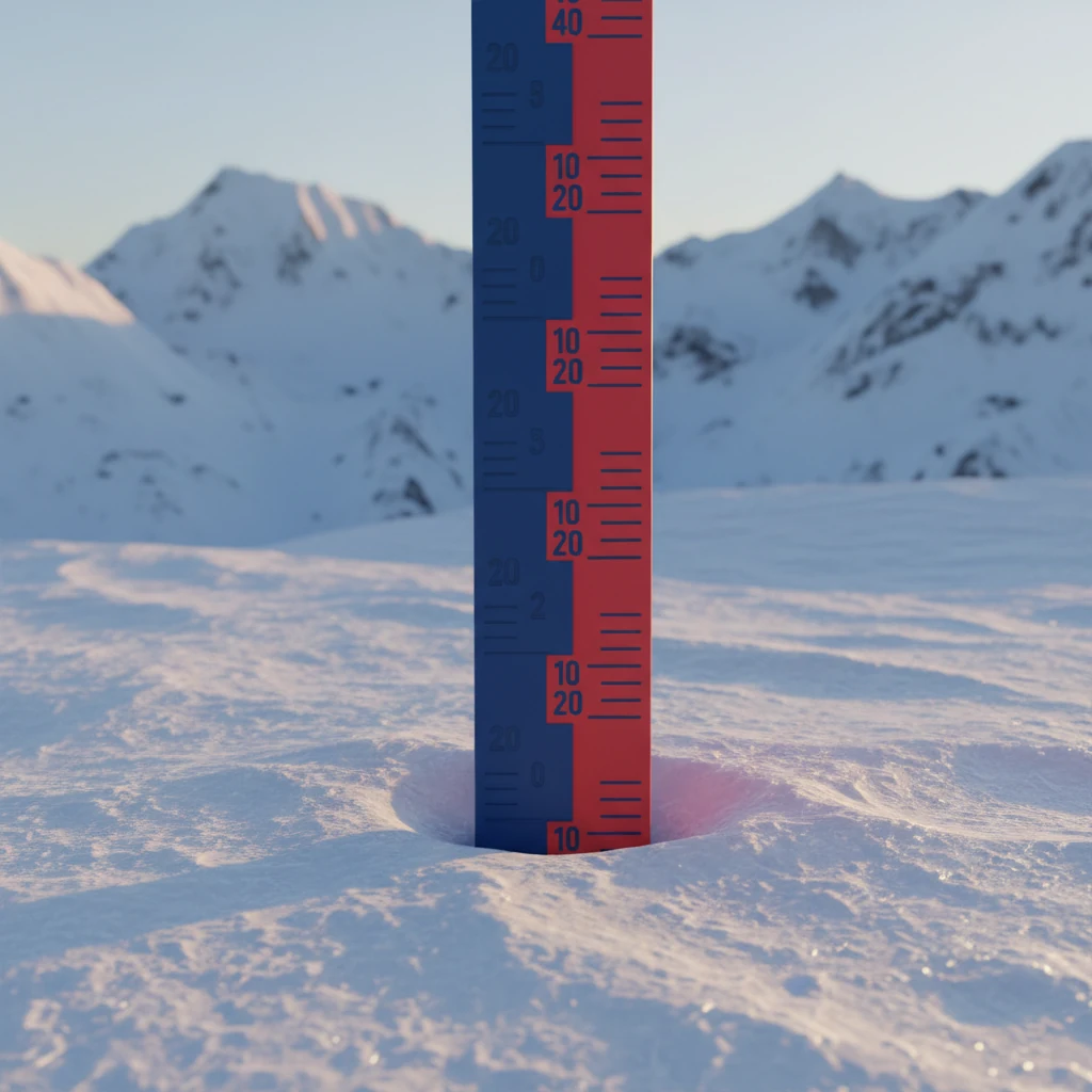 A close-up of a snow-depth measurement marker partially buried in fresh settled snow at a mountain test station