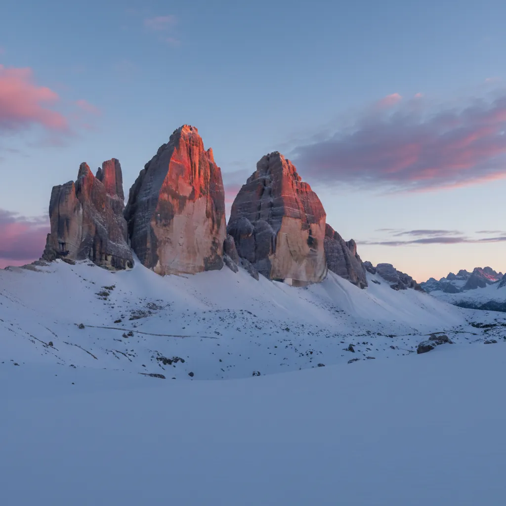 The jagged pale limestone towers of the Dolomites rising sharply above a snow-covered high plateau at dawn