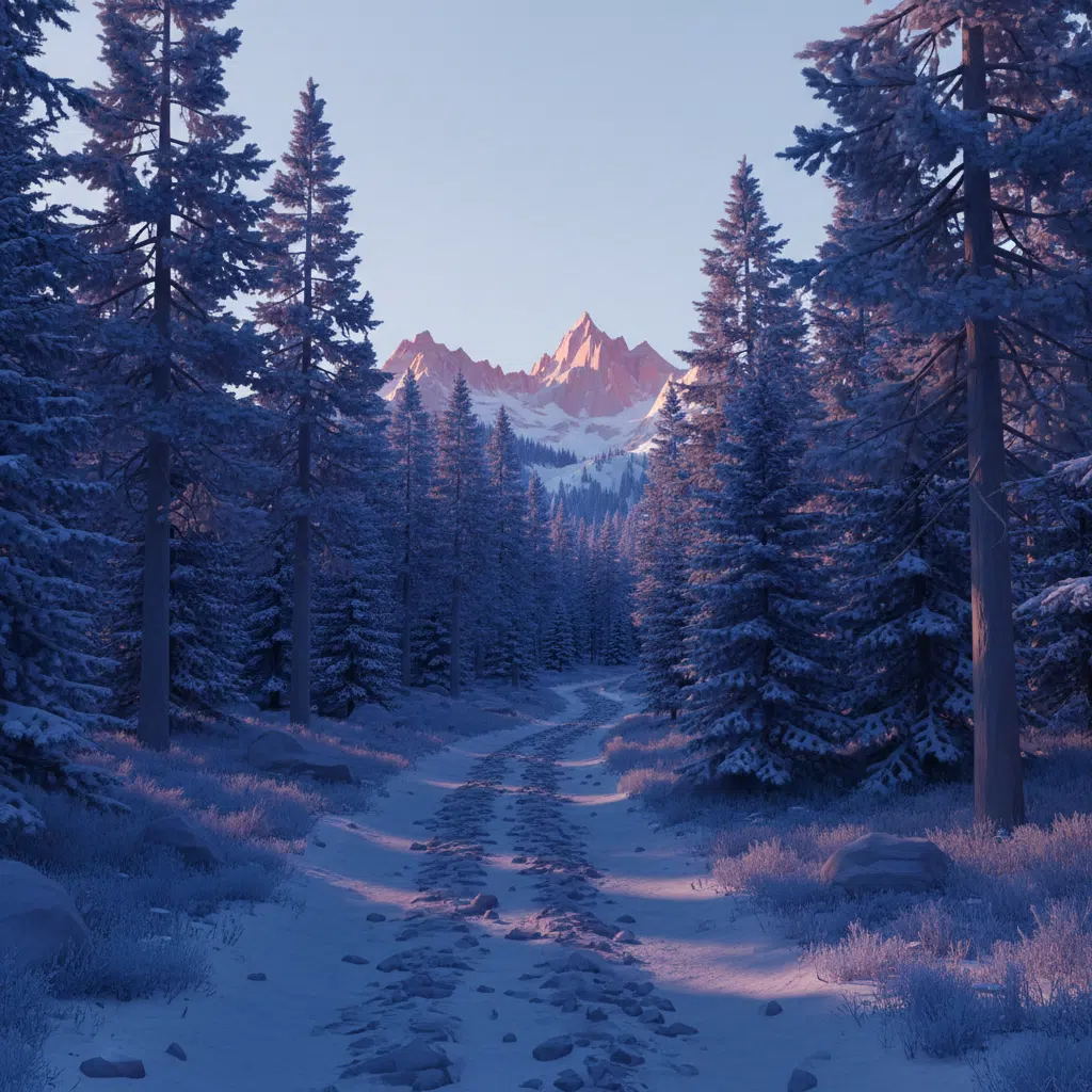 A pre-dawn mountain trail winding through a dense alpine forest with the first pale light touching the distant ridge