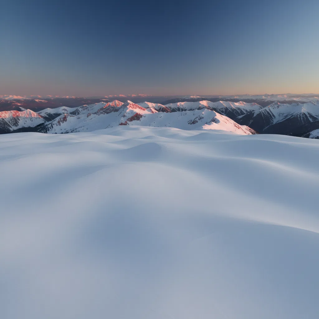 An untracked off-piste slope viewed from above at a mountain resort with distant ridges under a clear blue sky